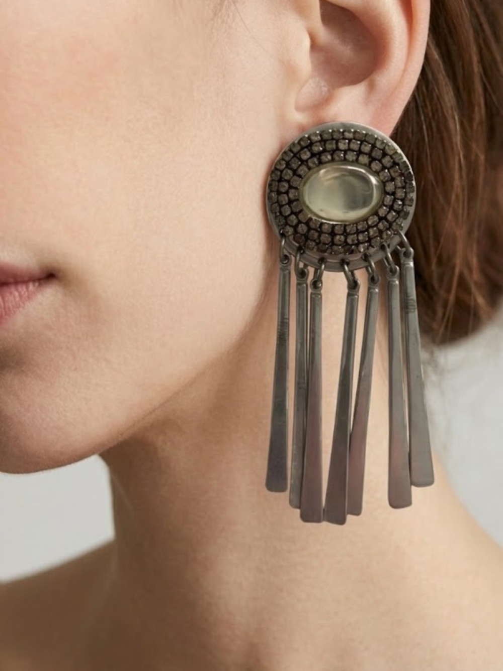 VTG 70s Rhinestone Moonstone Tassel Clip On Earrings Silver Long Dangly Boho